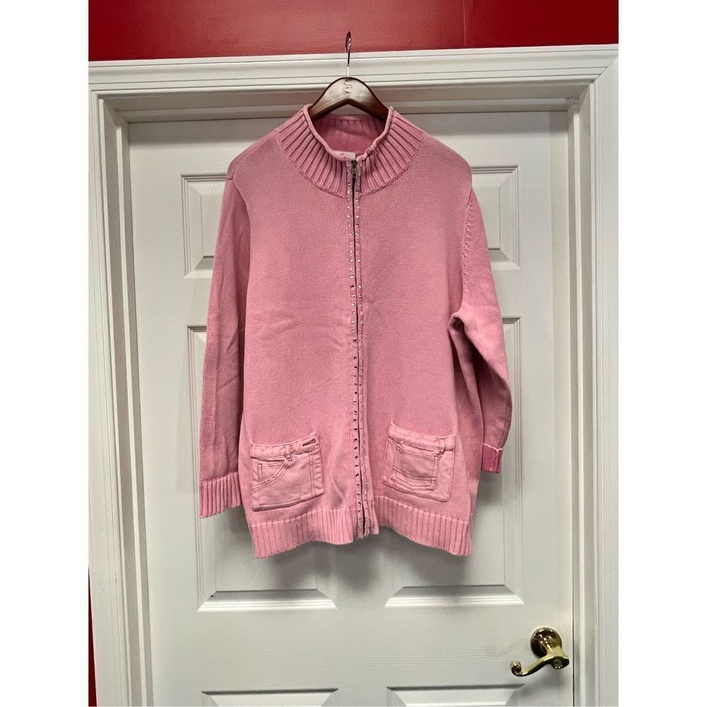Quacker Factory Pink Blue Jeans Crystal Embellished Zip Up Cardigan Sweater sz 2